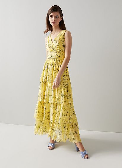 Bower Yellow Silk Apple Blossom Print Maxi Dress