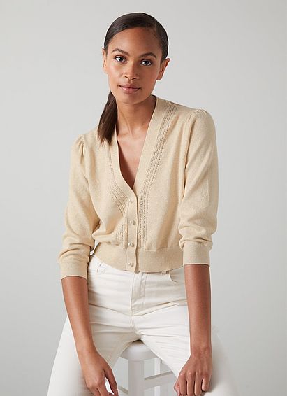 Leonora Champagne Cotton-Wool Pointelle Trim Cardigan
