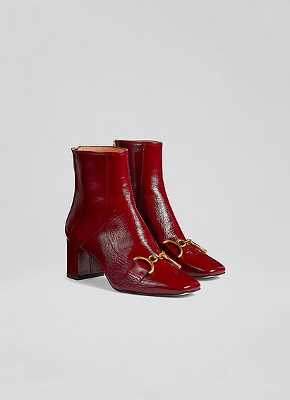 Nadina Red Crinkle Patent Leather Snaffle-Detail Ankle Boots