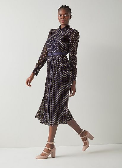Tallis Navy And Yellow Spot Print Pleated Shirt Dress