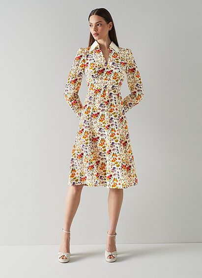 Flo Meadow Print Contrast Collar Silk Dress