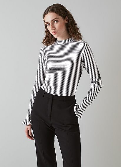 Kathy Navy and Cream Stripe Ribbed Turtle Neck Top