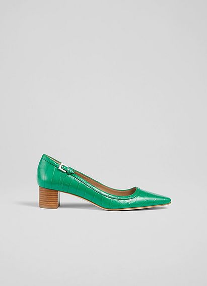 Amelia Green Croc-Effect Leather Stack Heel Courts