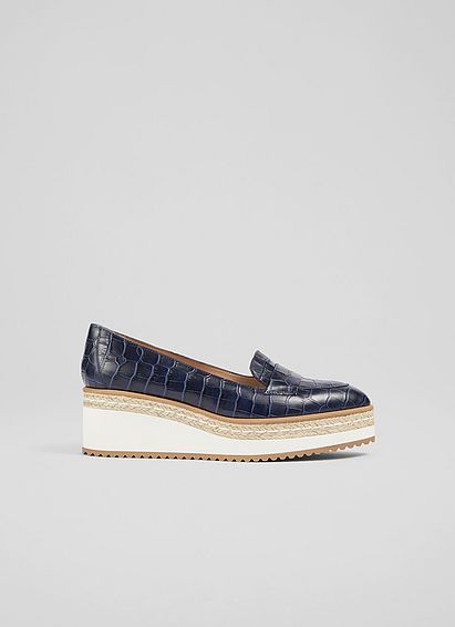 Carrie Navy Croc-Effect Leather Platform Loafers