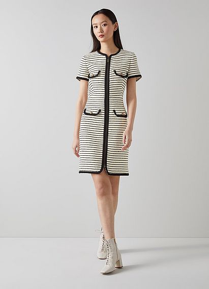 Priya Cream and Black Stripe Tweed Dress