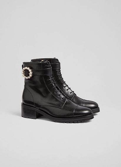 Martina Black Leather Pearl Buckle Lace-Up Ankle Boots