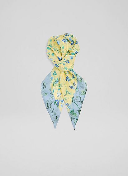 Hannah Yellow and Blue Apple Blossom Print Silk Scarf