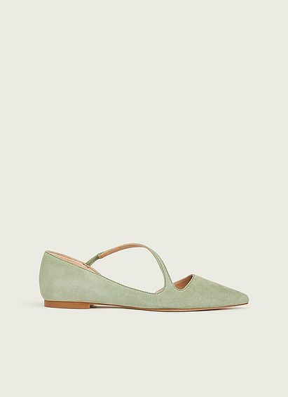 Pandora Green Suede Asymmetric Strap Flats