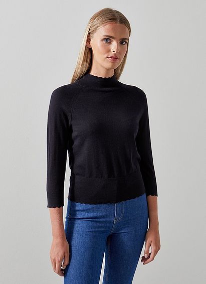 Betty Navy Merino Wool Scallop Edge Jumper