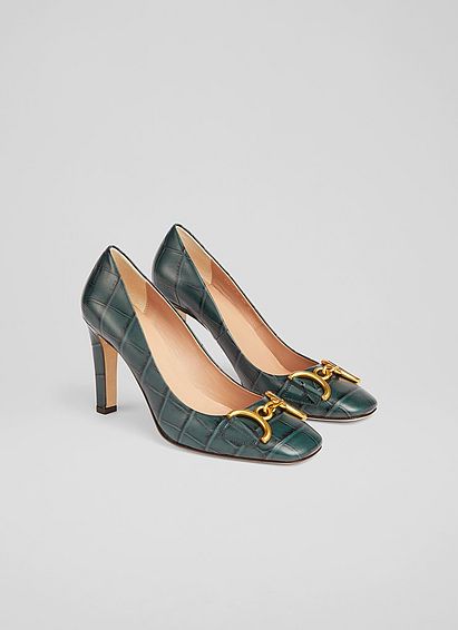 Gianna Sea Green Croc-Effect Leather Snaffle-Detail Courts