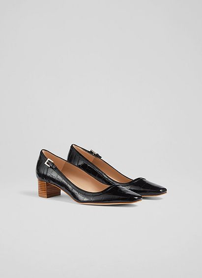 Amelia Black Croc-Effect Leather Stack Heel Courts