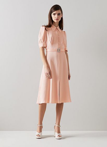 Amor Pink Satin Crepe Crystal Belt Dress
