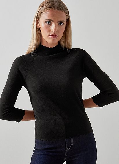 Betty Black Merino Wool Scallop Edge Jumper