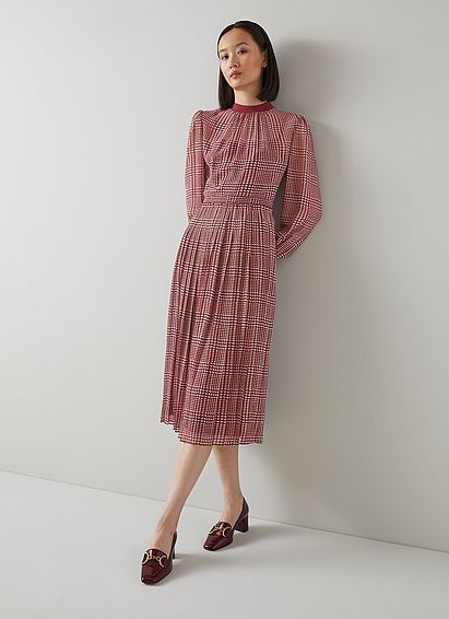 Marianne Red Houndstooth Print Georgette Pleated Midi Dress