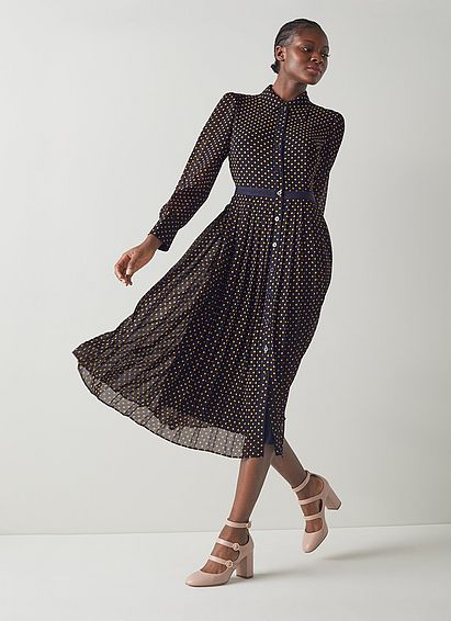 Tallis Navy And Yellow Spot Print Pleated Shirt Dress