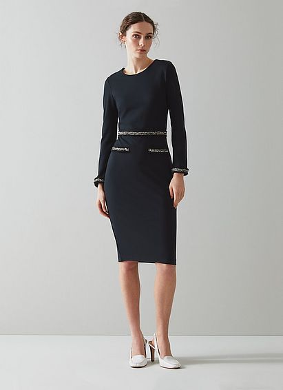 Vinnie Navy Jersey Tweed Trim Shift Dress