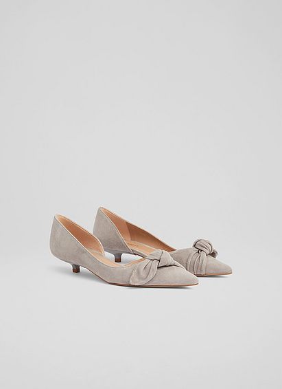 Lily Grey Suede Bow Front Kitten Heel Courts