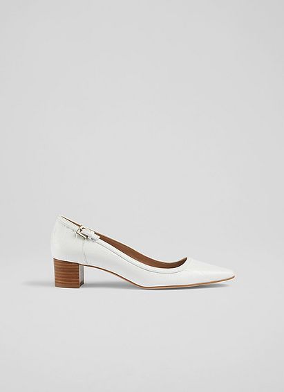 Amelia White Croc-Effect Leather Stack Heel Courts