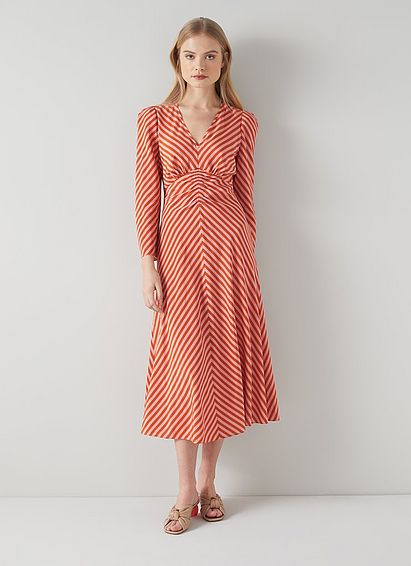 Gabrielle Pink and Orange Chevron Stripe Silk Midi Dress