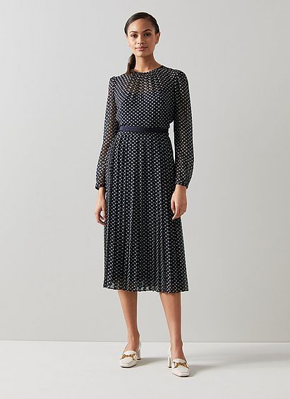 Avery Navy and Cream Mini Bow Print Pleated Midi Dress