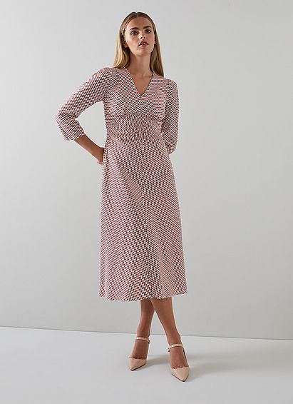 Gabrielle Red And Cream Graphic Print Silk Midi Dress