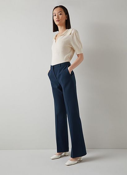 Halina Navy Crepe Flared Tailored Trousers