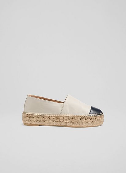 Talia Cream and Navy Leather Flatform Espadrilles