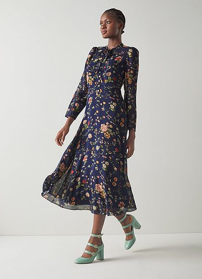 Keira Navy Camelia Print Silk Georgette Midi Dress