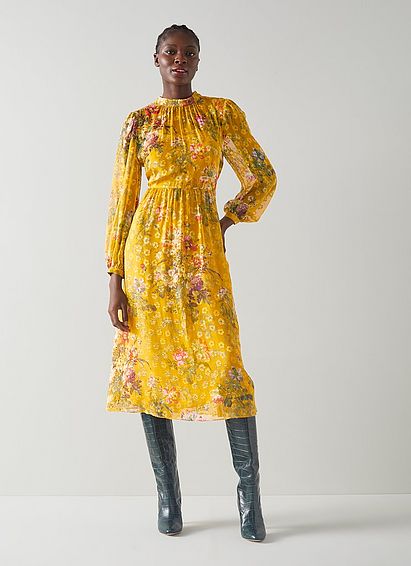 Leandra Yellow Camelia Print Silk Devor�� Midi Dress