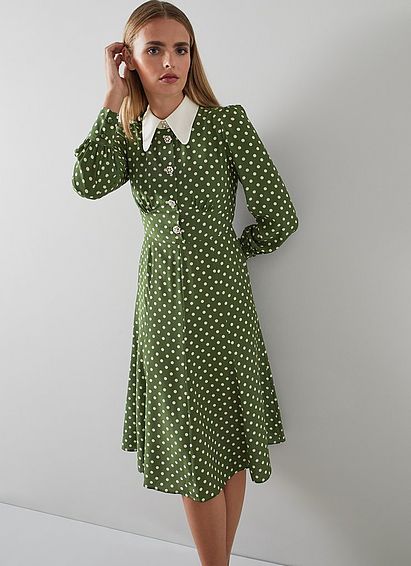 Mathilde Green And Cream Polka Dot Silk Tea Dress