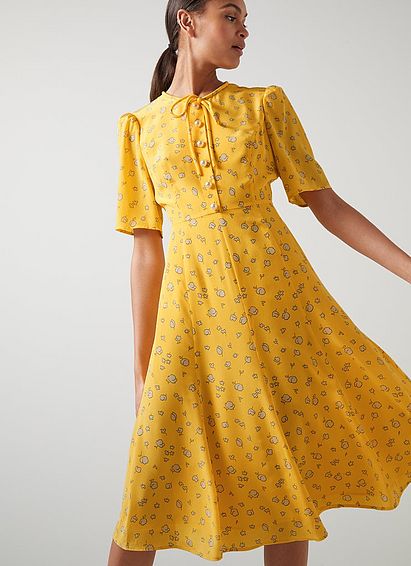 Montana Yellow Naive Floral Print Silk Tea Dress