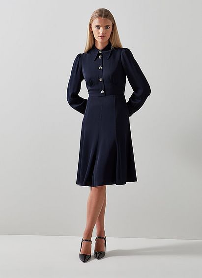 Mira Navy Crepe Long Sleeve Tea Dress
