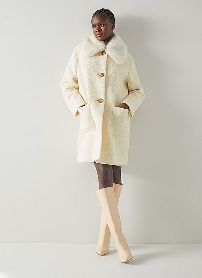 Aster Cream Wool-Blend Boucl�� Faux Fur Collar Coat