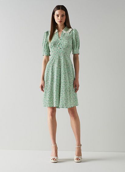 Roisin Mint Daisy Print Frill Collar Silk Dress