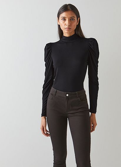 Cora Black Jersey Puff Sleeve Turtle Neck Top