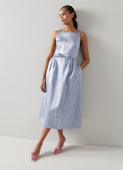 Rosalind Blue Satin Floral Jacquard Dress