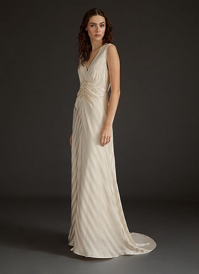 Colette Cream Silk Chevron Stripe Long Wedding Dress
