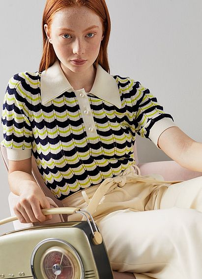 Amanda Navy and Cream Scallop Stitch Cotton-Wool Knitted Top