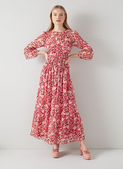 Lourdes Red Silk English Rose Print Maxi Dress