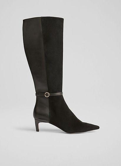 Darla Black Suede and Leather Round Buckle Knee High Boots