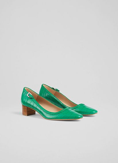 Amelia Green Croc-Effect Leather Stack Heel Courts