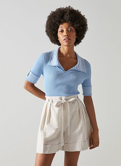 Bay Sky Blue and Cream Stripe Cotton Knitted Top