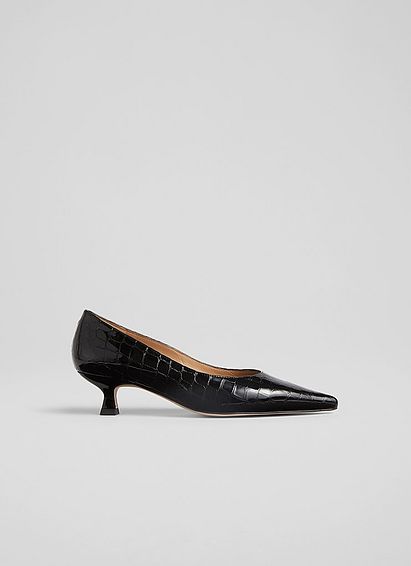 Dakota Black Croc-Effect Patent Leather Kitten Heel Courts