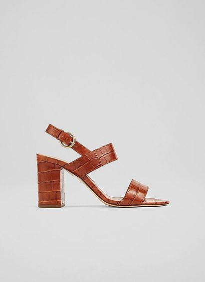 Raya Tan Croc-Effect Leather Sandals