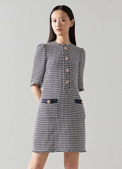 Beau Navy and Cream Houndstooth Tweed Dress