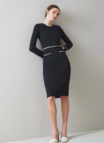 Vinnie Navy Jersey Tweed Trim Shift Dress