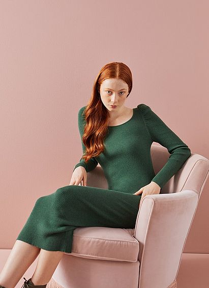 Rita Green Ribbed Ecovero? Gathered Sleeve Dress