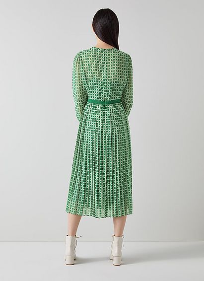 Avery Green and Cream Basket Print Pleated Midi Dress