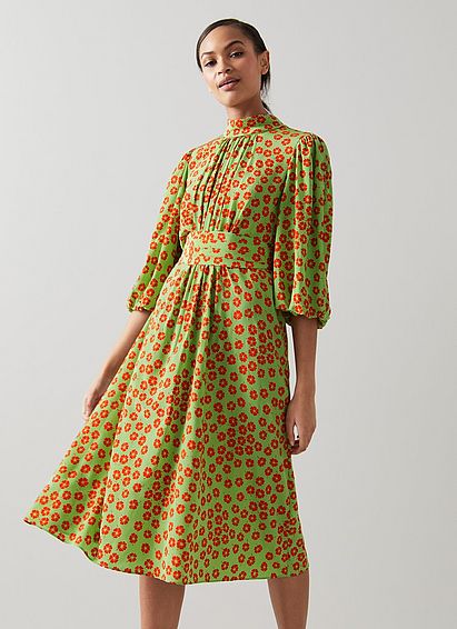Tamara Mint and Red Blossom Print Silk Dress
