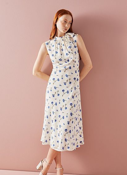 Vali Cream Cornflower Print Tie Neck Silk Dress